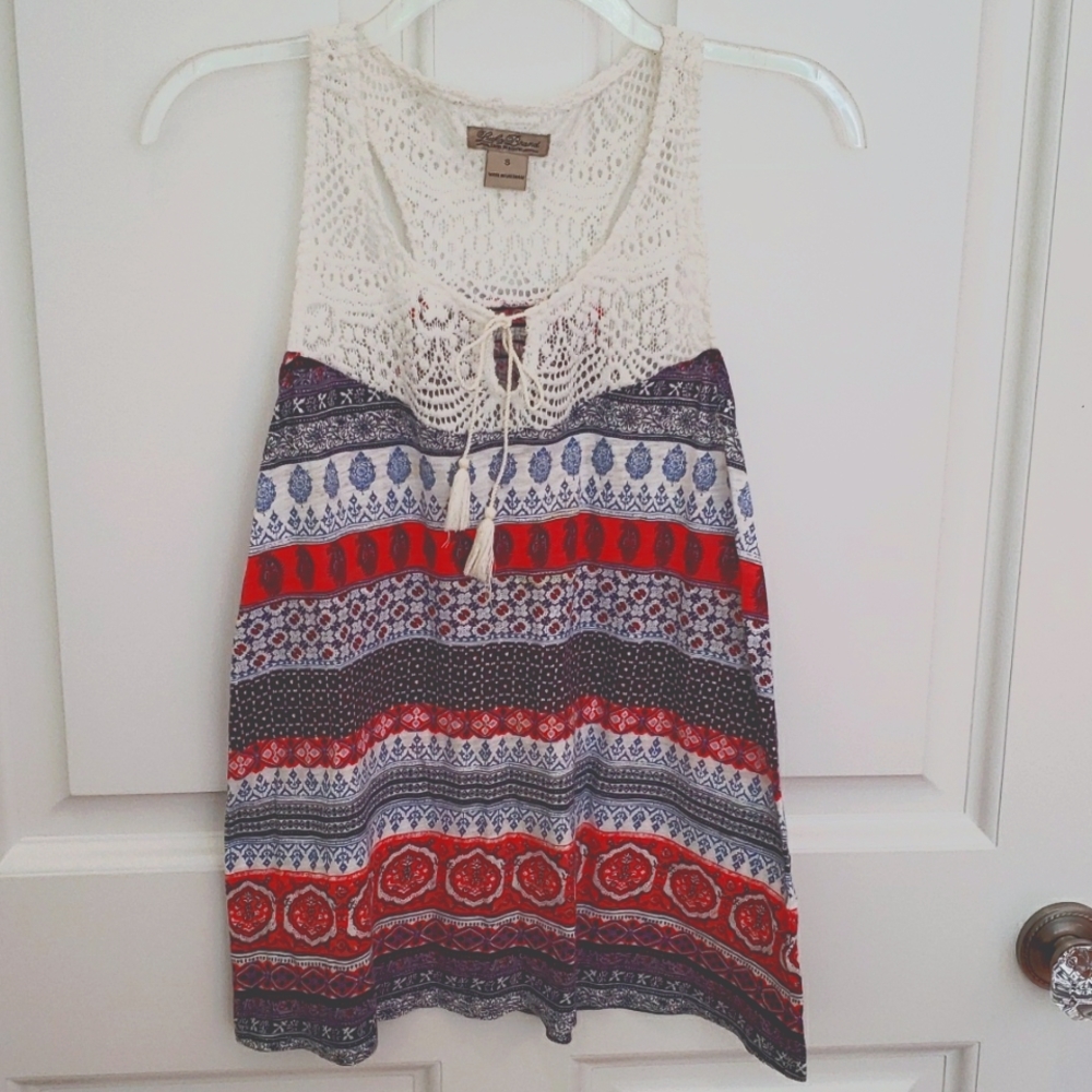 Lucky Brand Cream Crochet Top with Red and Navy Printed Skirt